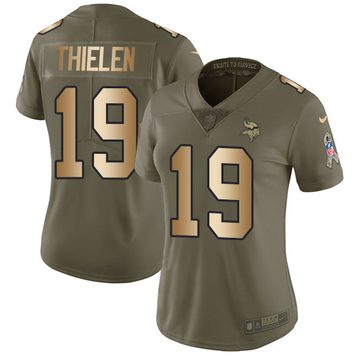 Nike Vikings #19 Adam Thielen Olive/Gold Women's Stitched NFL Limited Salute to Service Jersey - Click Image to Close